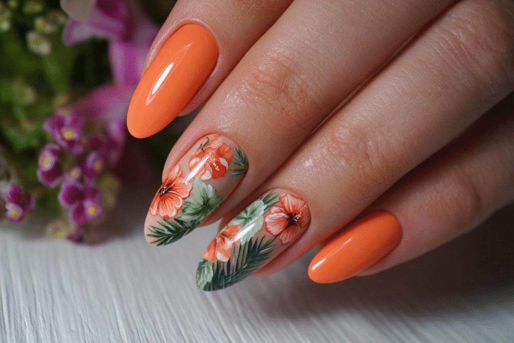 Close-up of long oval summer gel nails with tropical orange floral nail art and glossy finish