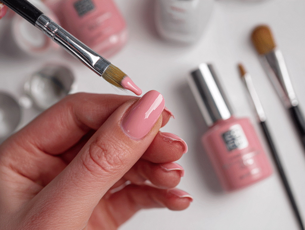 Applying thin layer of pink gel polish on nails during DIY manicure