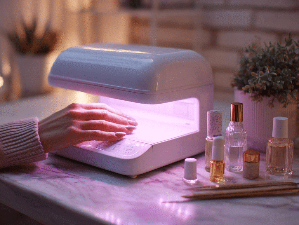 Hand under UV lamp curing gel nails during at-home manicure
