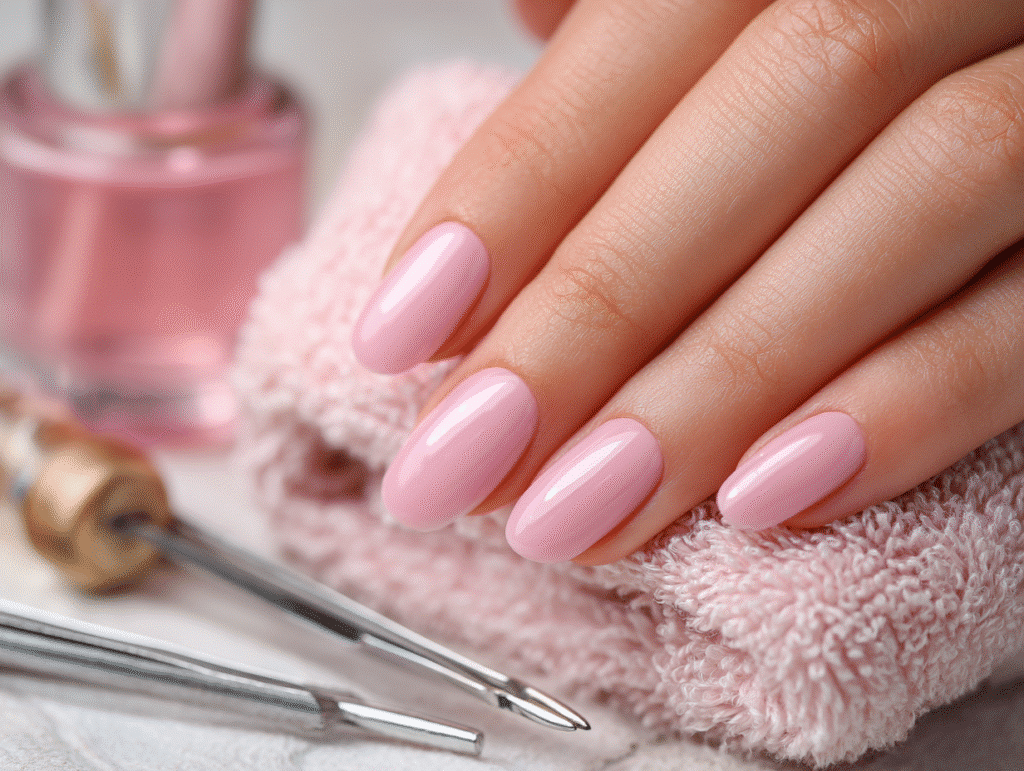 Glossy gel nails with cuticle oil applied after final step of home manicure