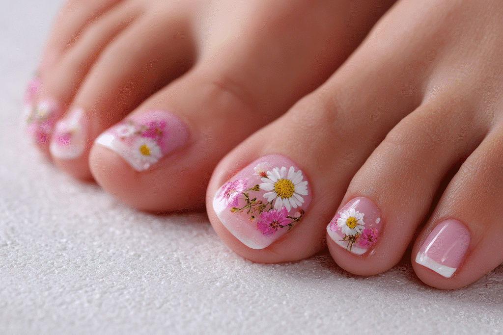 Floral toe nail art with daisies and pastel shades