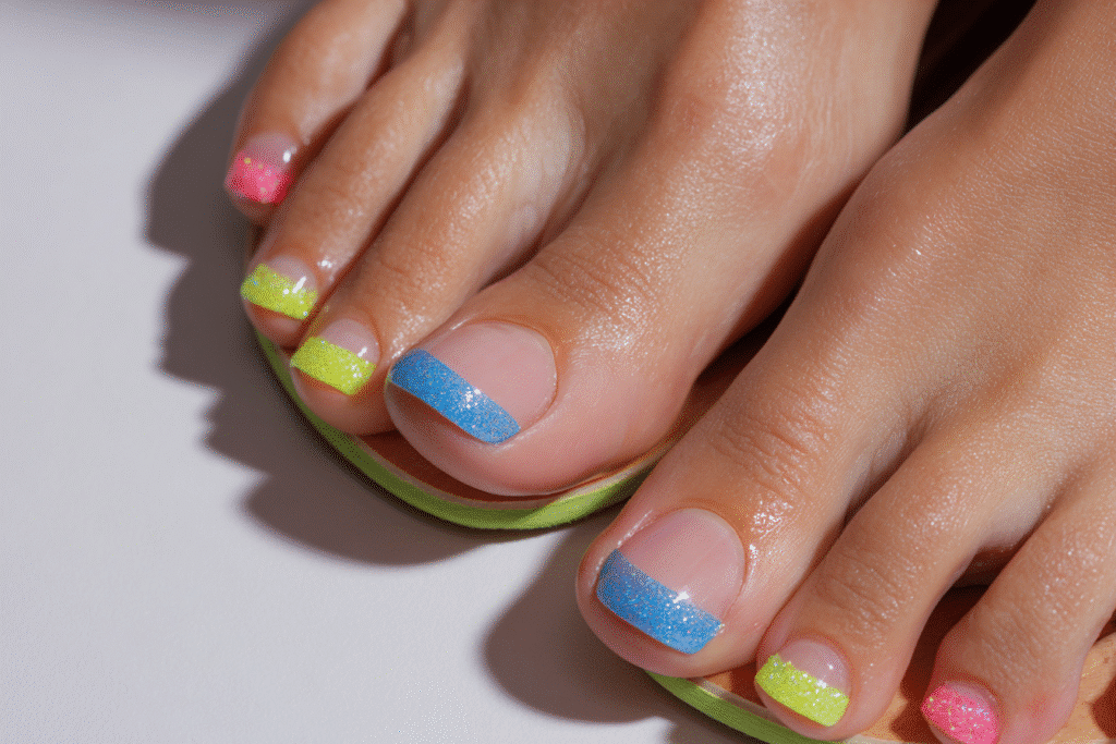 French tip toe nails with bright summer colors