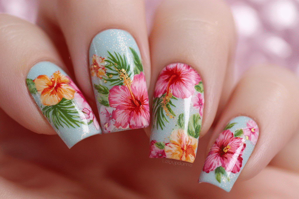 Hand with tropical summer gel nails featuring vibrant hibiscus floral nail art on a light blue base