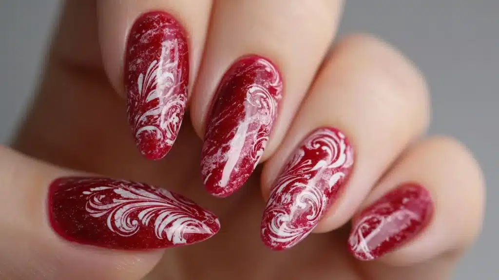 Red Velvet Snow Swirls Nails