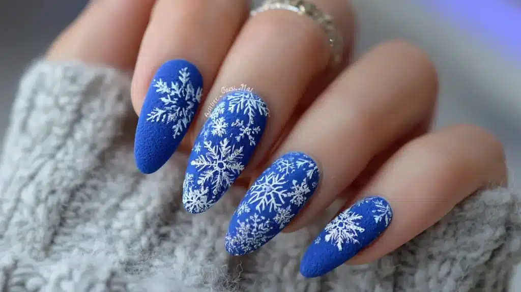 Matte Blue Velvet Snowflakes Nails