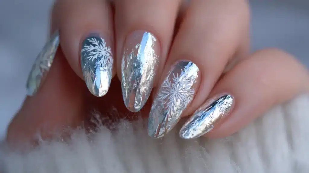 Silver-Foil Ice Shard Snowflake Nails