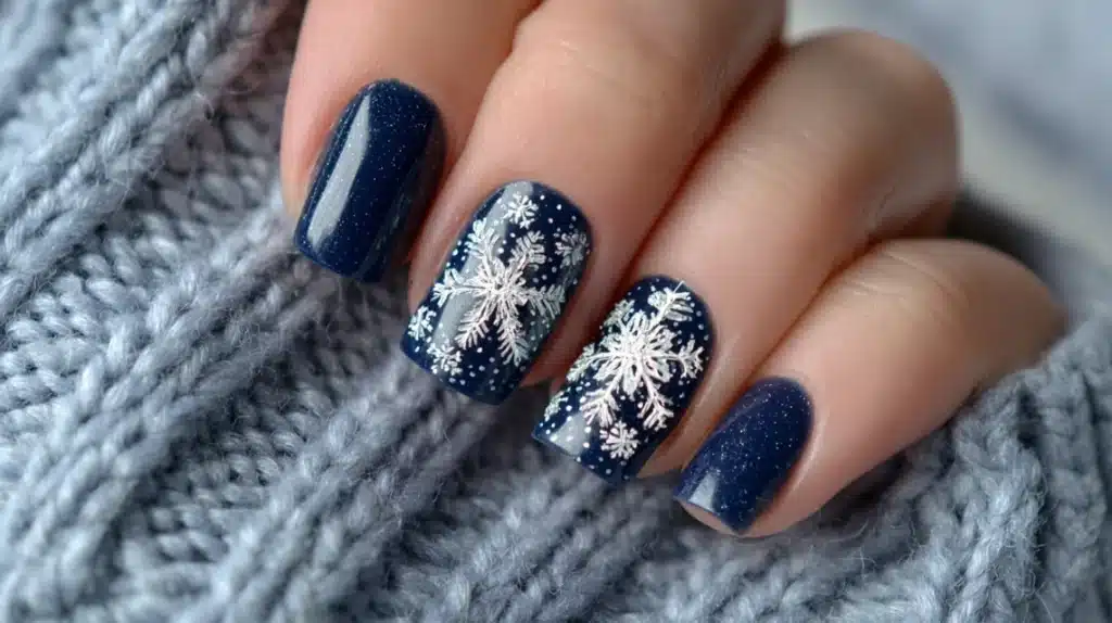 Snowflake Accent Nail on Glossy Blue