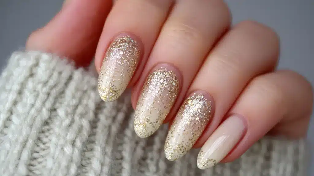 Beige and Gold Micro-Glitter Nails