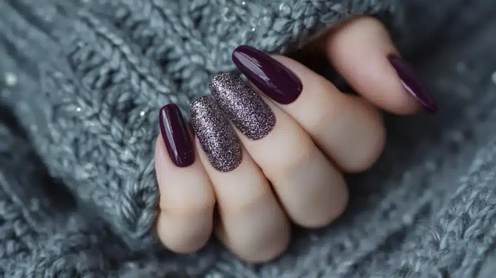 Plum Nails With Silver Dust