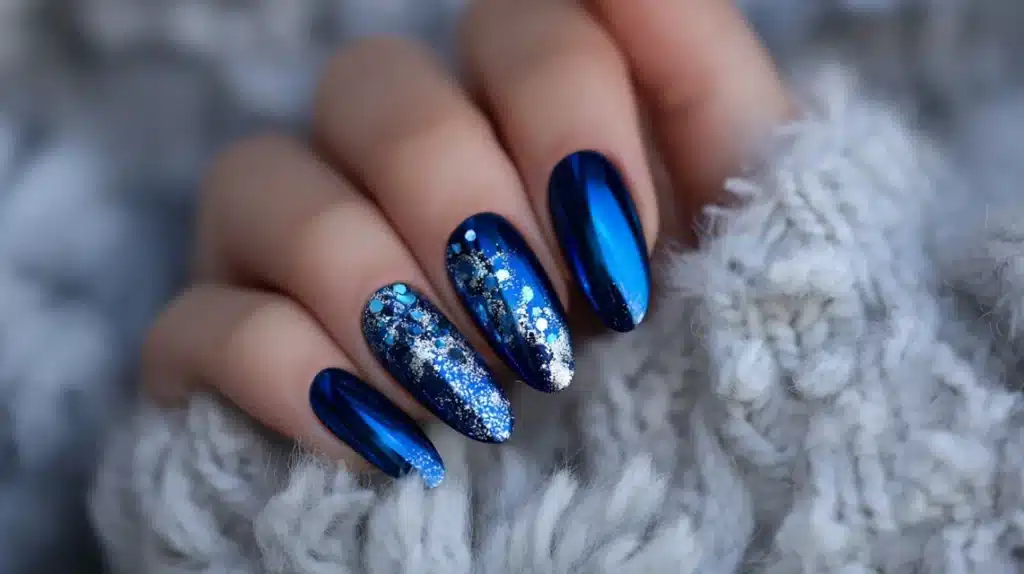 Blue Chrome Winter Nails for Elegant Outfit Pairing
