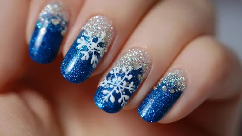 Blue Christmas Nails With Snow Glitter Accents