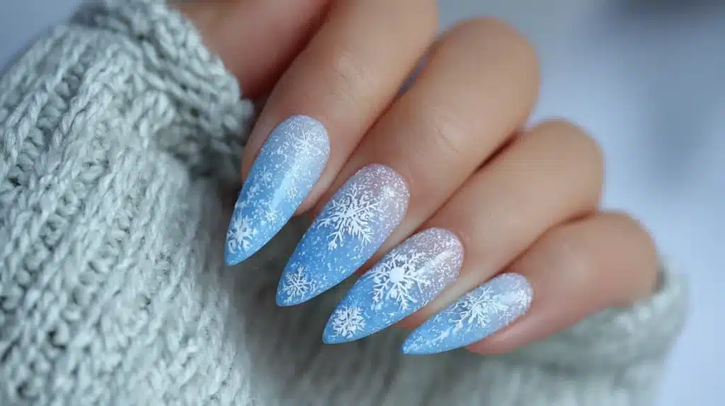 Frosted Baby Blue Snowflake Nails