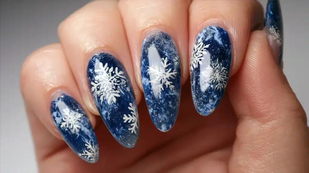 Midnight Blue Galaxy Snowflakes Nails