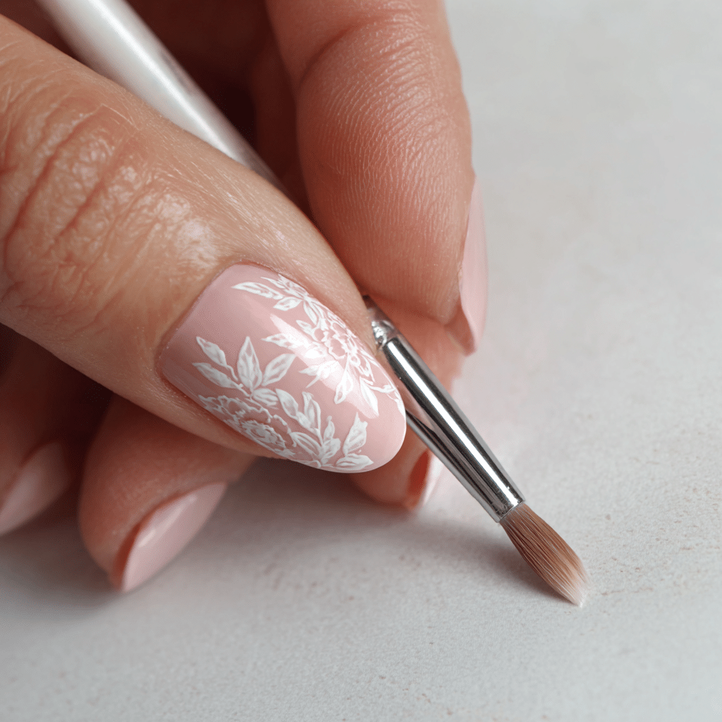 Design with White Botanicals: Using a detailing brush, carefully paint small white floral designs on one or two accent nails. Cure them as needed.