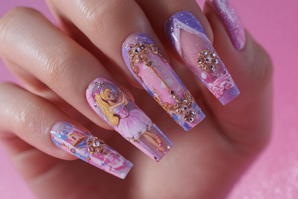 Girly Summer Acrylic Nails with 3D Barbie Fairytopia & Ballerina Nail Designs