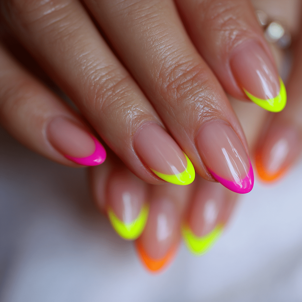 Neon French tip nails with multiple bright colors and rainbow acrylic design for a fun summer manicure.