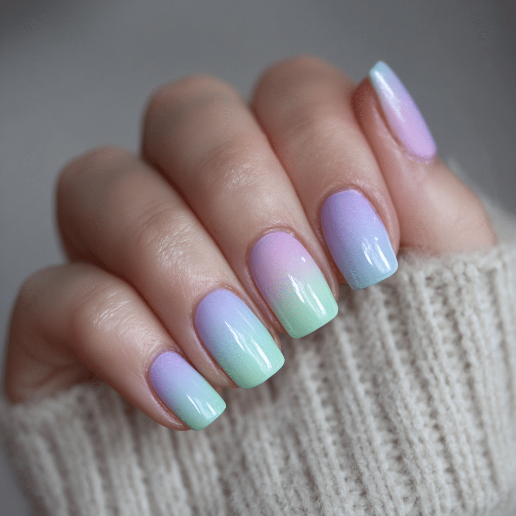 Pastel Gradient Nails: Blend lavender and mint green for a soft beach vibe