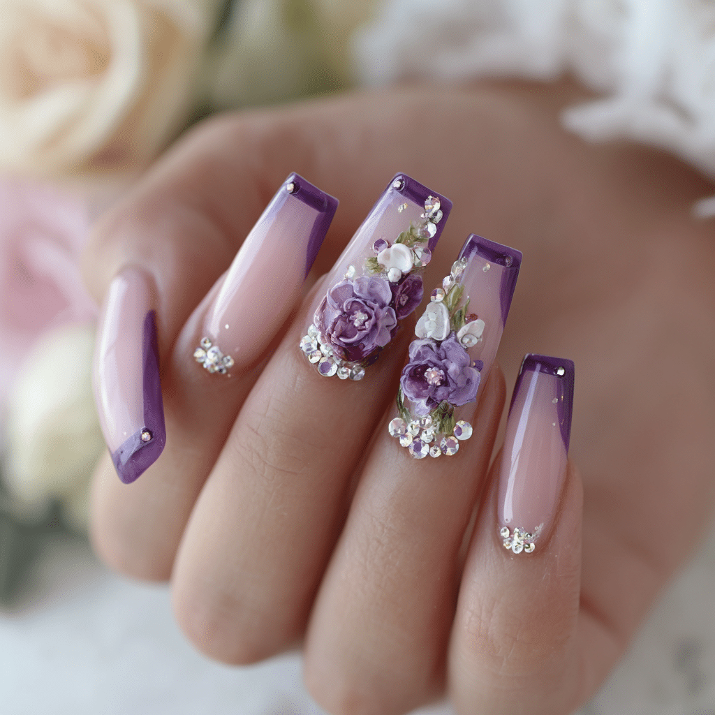 Purple French Tip Nails with 3D Art and Rhinestones with Flowers