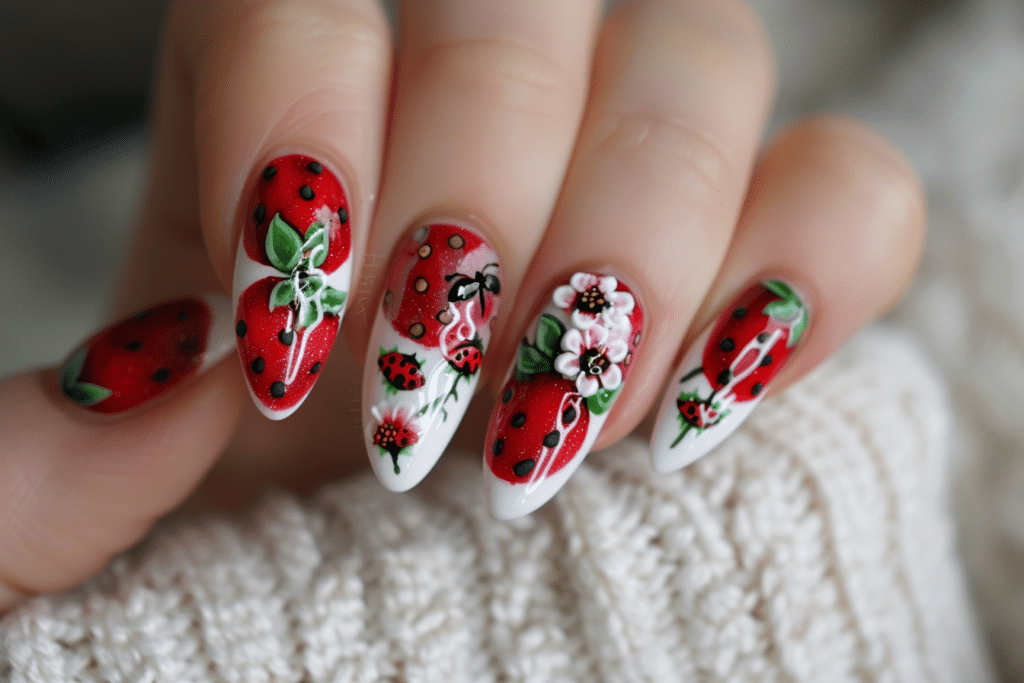 Strawberry Garden Nail Art: Almond-Shaped Nails with 3D Strawberry and Ladybug Accents