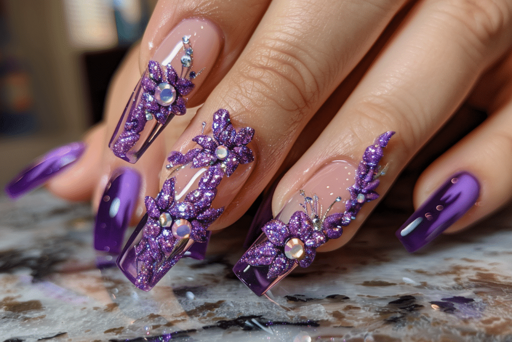 Purple French Tip Nails with 3D Art and Rhinestones with Flowers
