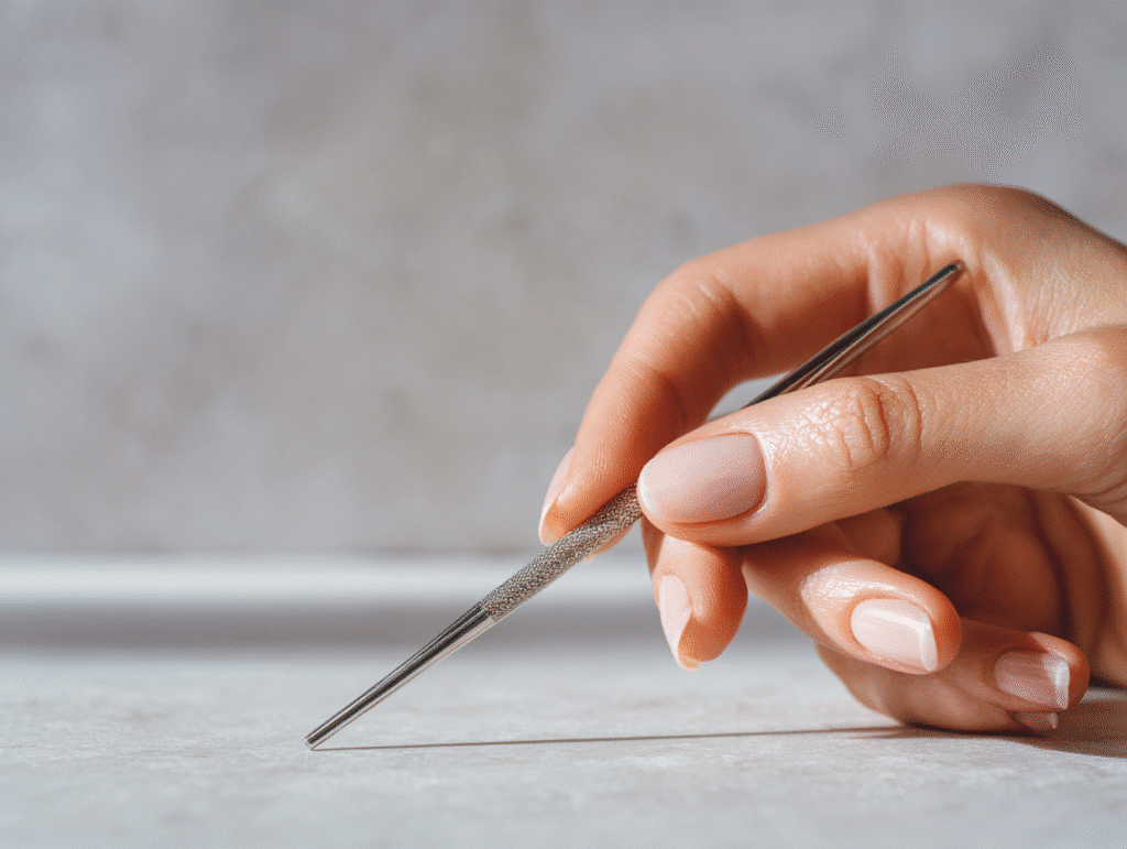Close-up of cuticle pusher preparing natural nails before applying gel polish