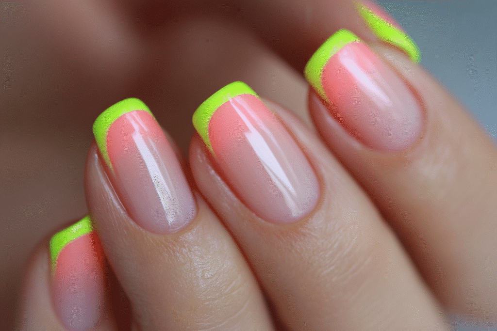 Close-up of summer gel nails with neon yellow French tips and a soft pink base, glossy finish