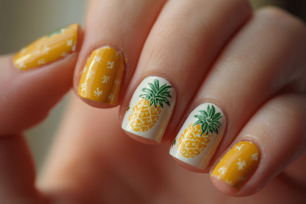 Close-up of summer gel nails with bright yellow pineapple designs on white and mustard bases, tropical nail art