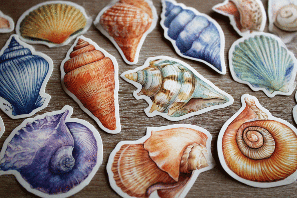 Summer-themed seashell nail art stickers in various colors and shapes, laid out on a wood background