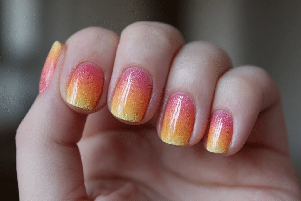 Hand with summer sunset ombre gel nails featuring a gradient from pink to orange to yellow with shimmer