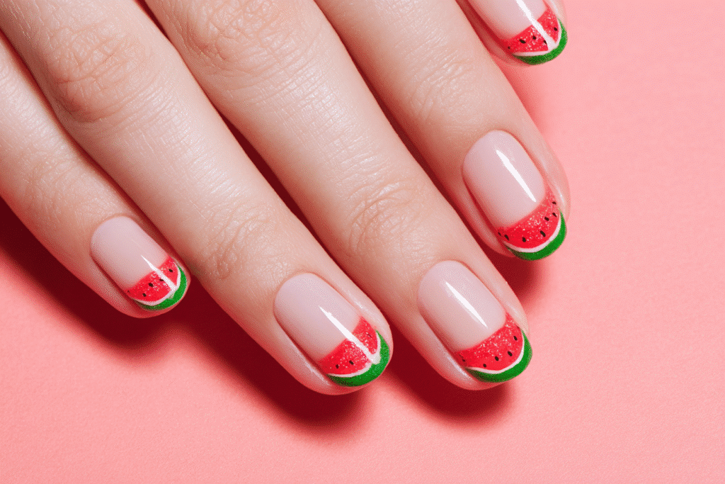 Close-up of summer gel nails with watermelon-inspired French tips on a nude pink base, glossy finish