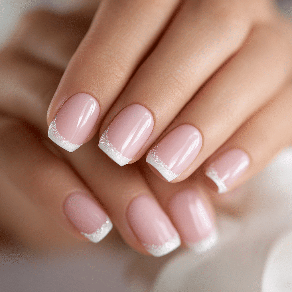 Beautiful white French tip nails with glitter lining