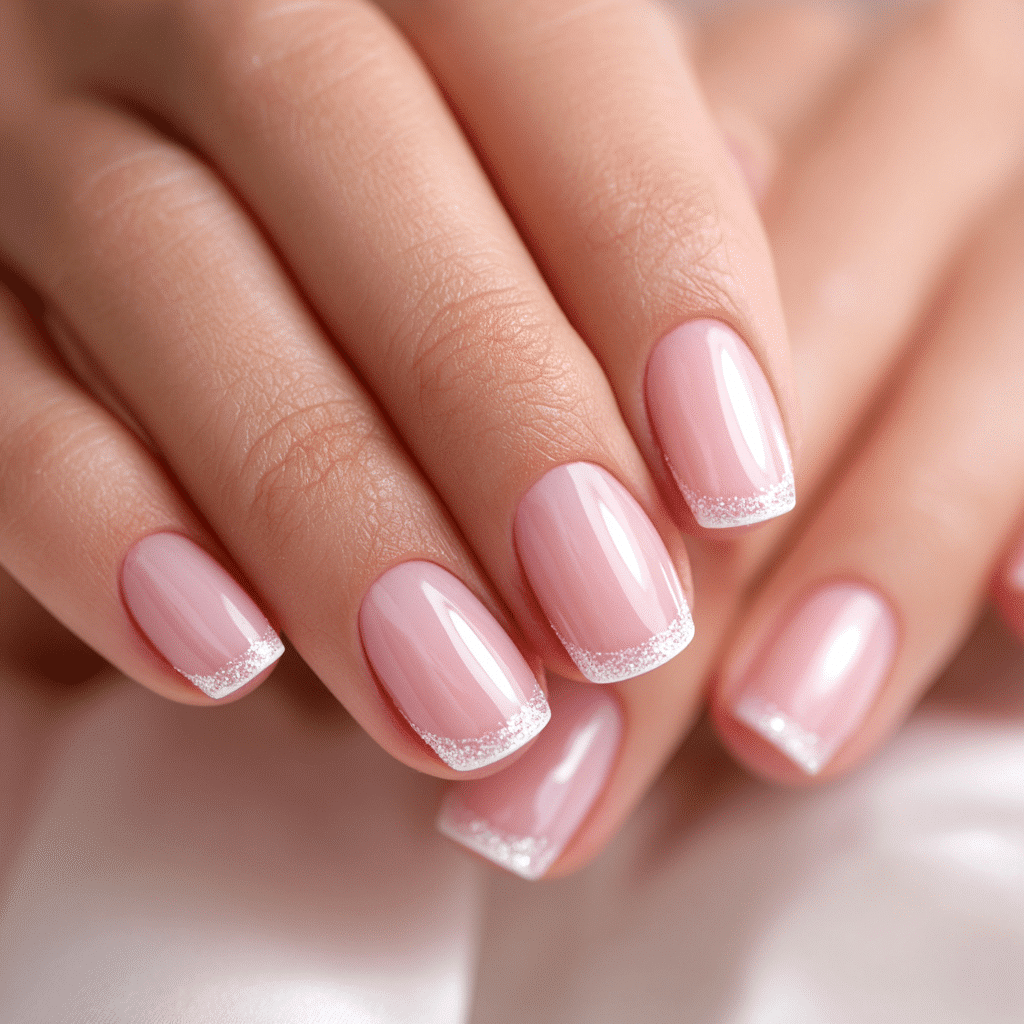 Sparkling glitter lining on white French tips with top coat