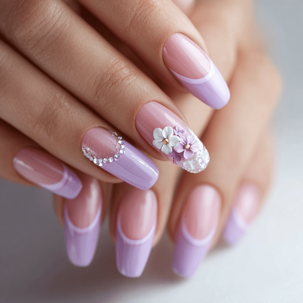 Purple French tip nails with 3D flowers and rhinestones