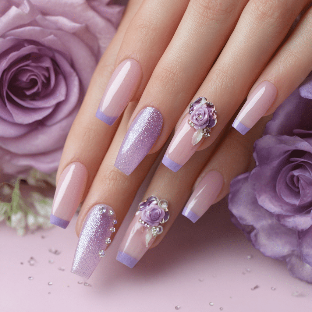 Hand with purple nails and 3D flower designs