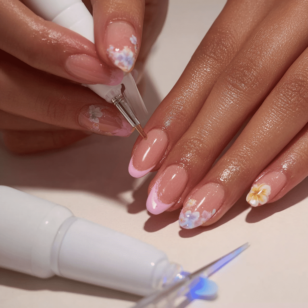 Tropical Cruise Nails with Sunset and Seashell Accents