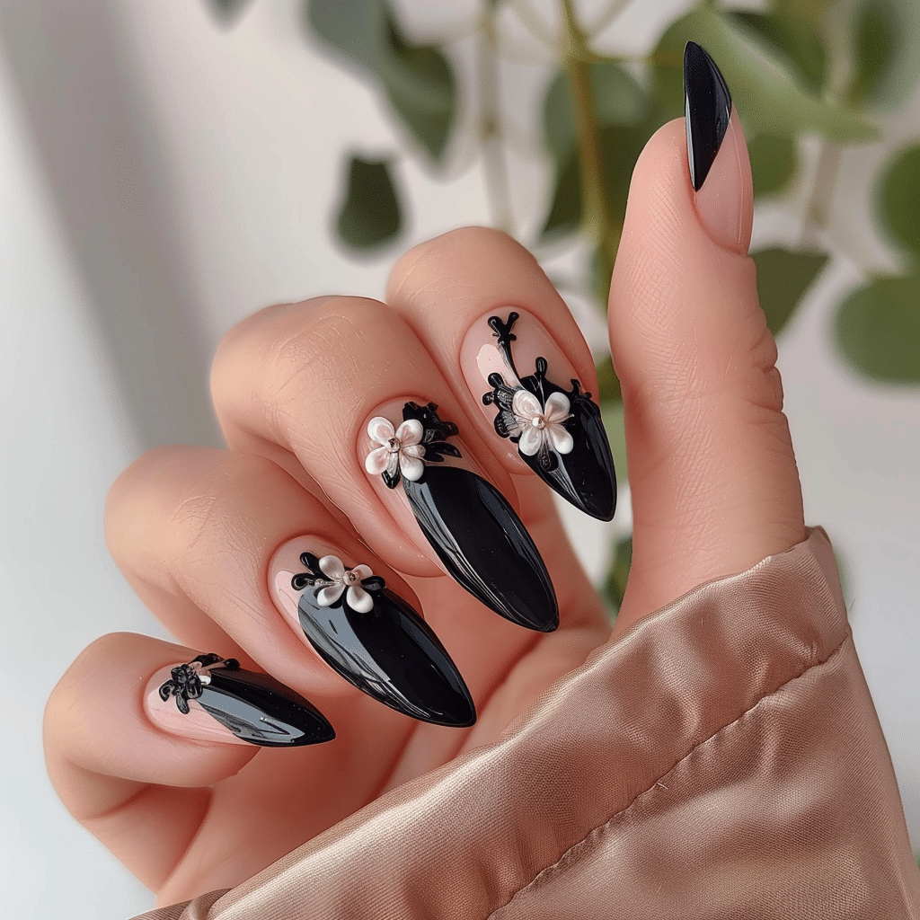 Finished French Almond with Black Tips and Floral Details